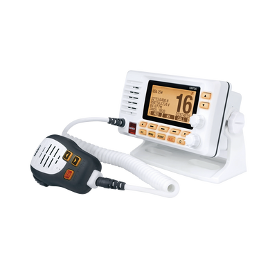 Radio Móvil Marino VHF, color blanco con receptor de GPS integrado, puerto de conexión NMEA 2000, 25W de potencia de RF, sumergible IPX8.