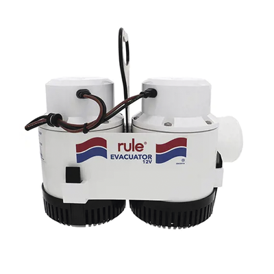 Bomba de evacuación con capacidad de desagüe de 7700 galones por hora a 12 Volts de corriente directa.