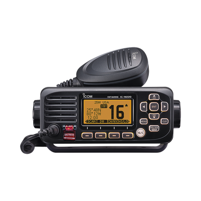 Radio móvil marino ICOM, Tx: 156.025-157.425MHz, Rx: 156.050-163.275MHz, 25W de potencia, sumergible IPX7 incluye: micrófono, cable de alimentación y accesorios