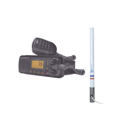 Kit de radio UM385BK | mas antena marina de fibra de vidrio TX-5101-SYS fabricada en fibra de vidrio con base roscable de acero inoxidable