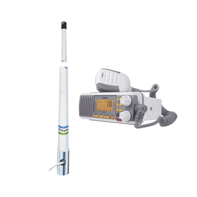 Kit de radio móvil VHF marino modelo UM-385 color blanco y antena marina Shakespeare de fibra de vidrio 5101
